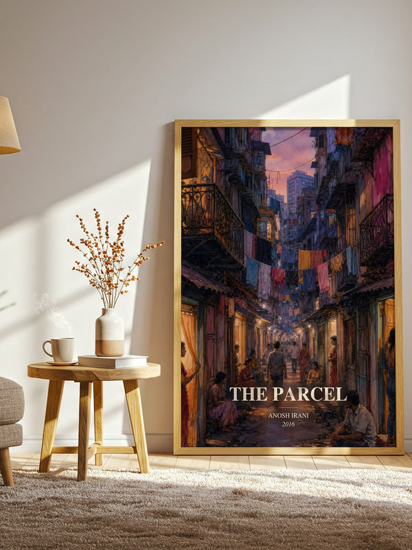The Parcel watercolour print in frame leaning in hallway – literary fiction wall art