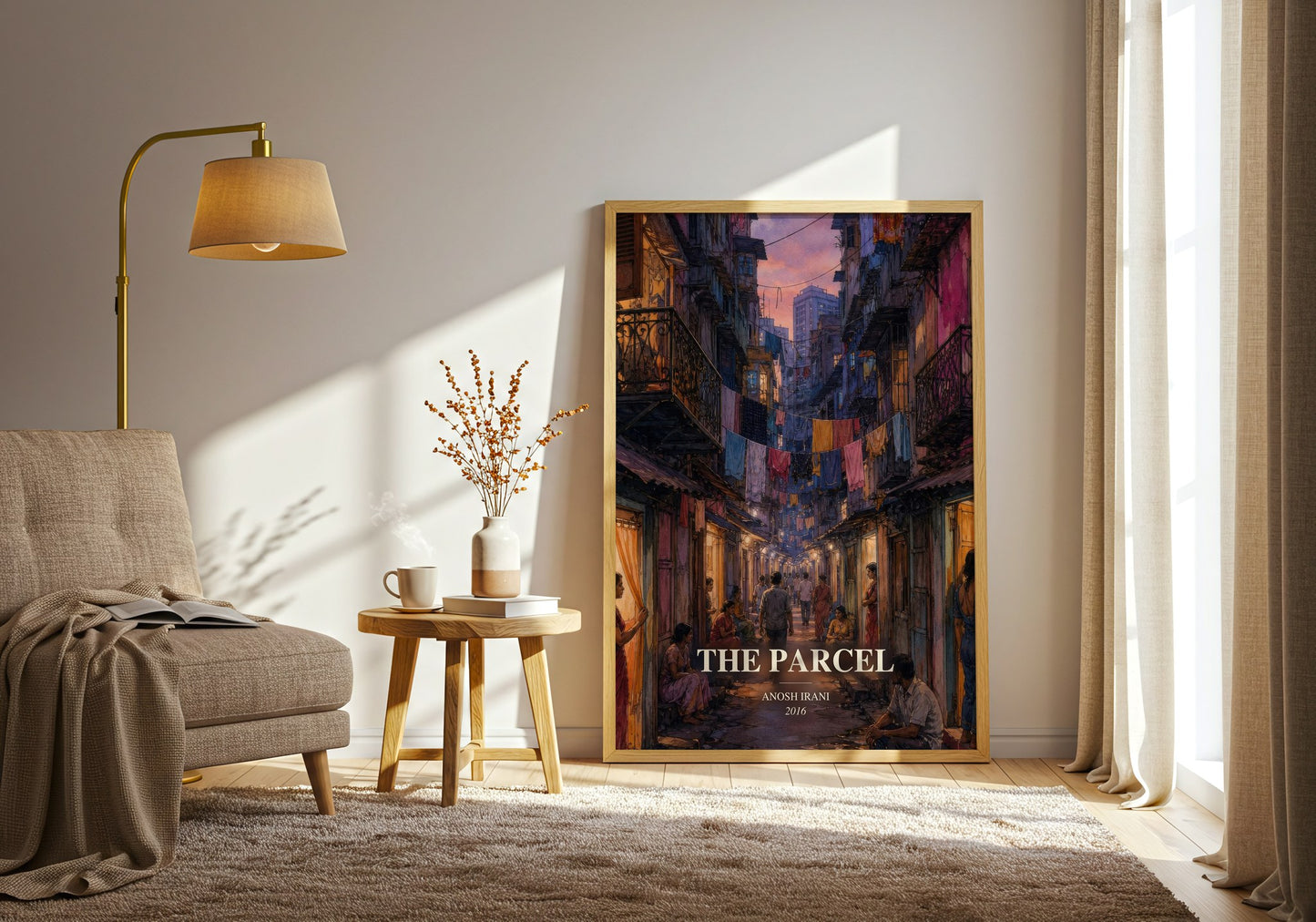 The Parcel watercolour print in frame leaning in hallway – literary fiction wall art