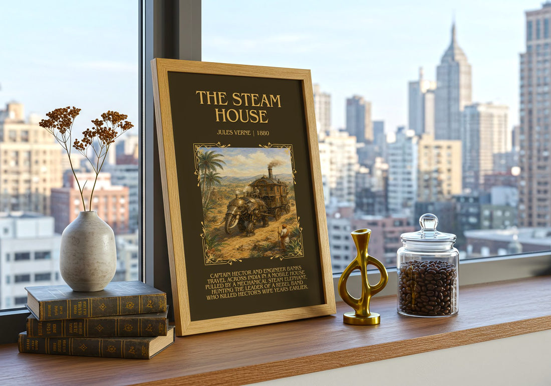 The Steam House Minimalist Book Poster by Jules Verne – framed print on a city-view windowsill