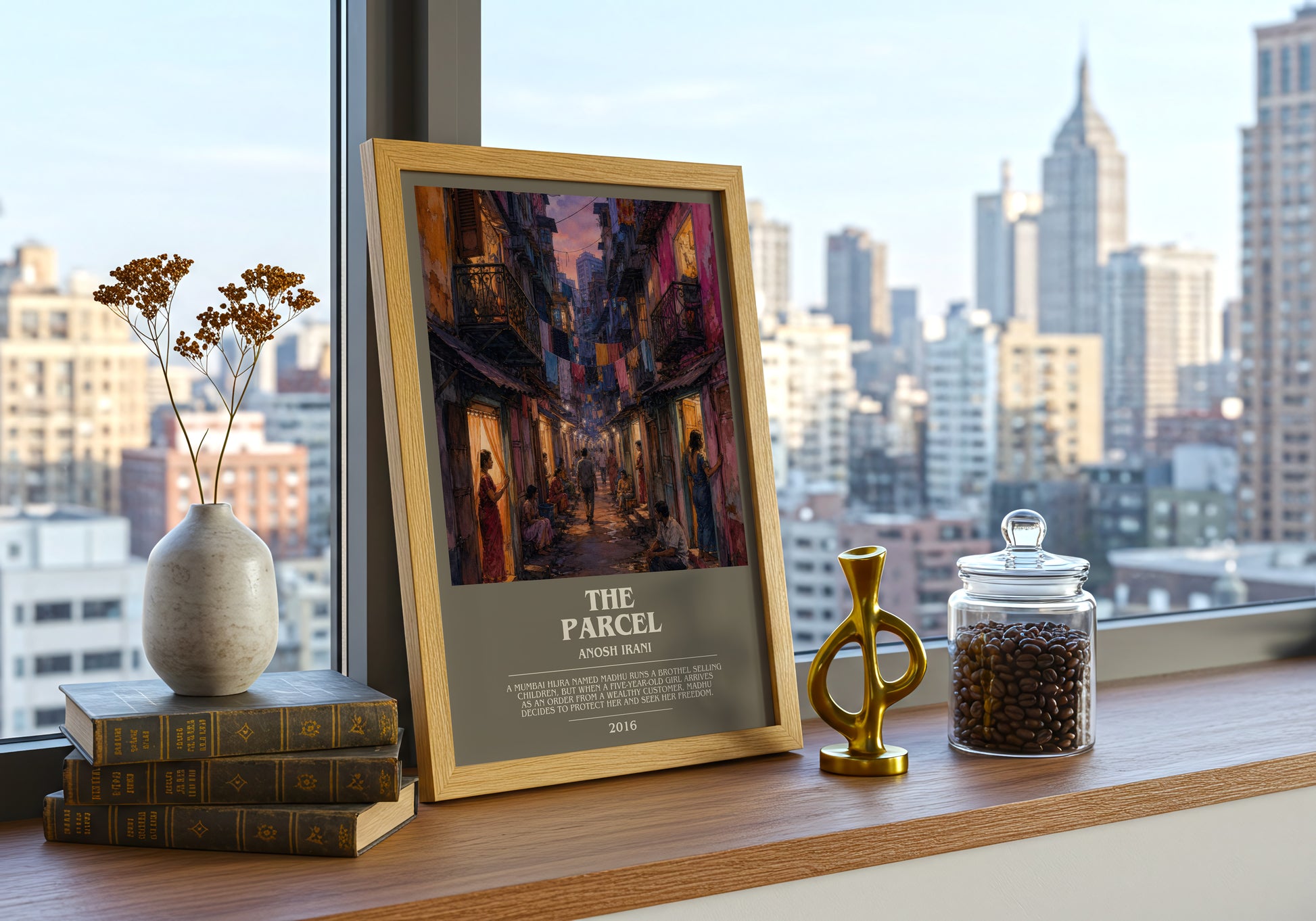 The Parcel bookish print framed by window – literary home decor