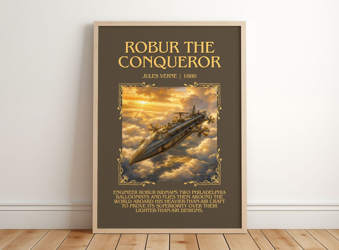 Robur The Conqueror Minimalist Book Poster by Jules Verne – framed print leaning on a wooden floor