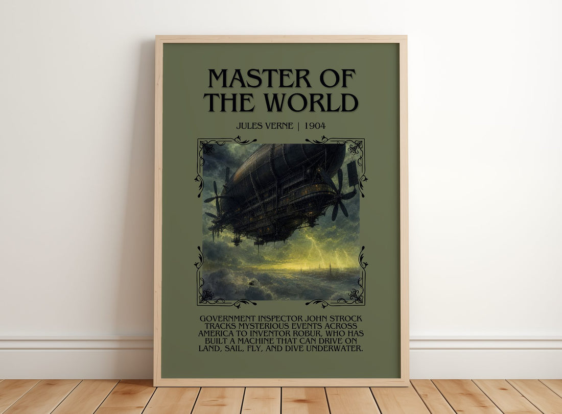 Master Of The World Minimalist Book Poster by Jules Verne – framed print leaning on a wooden floor