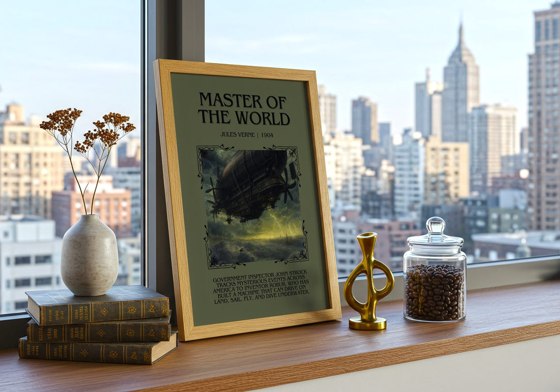 Master Of The World Minimalist Book Poster by Jules Verne – framed print on a city-view windowsill