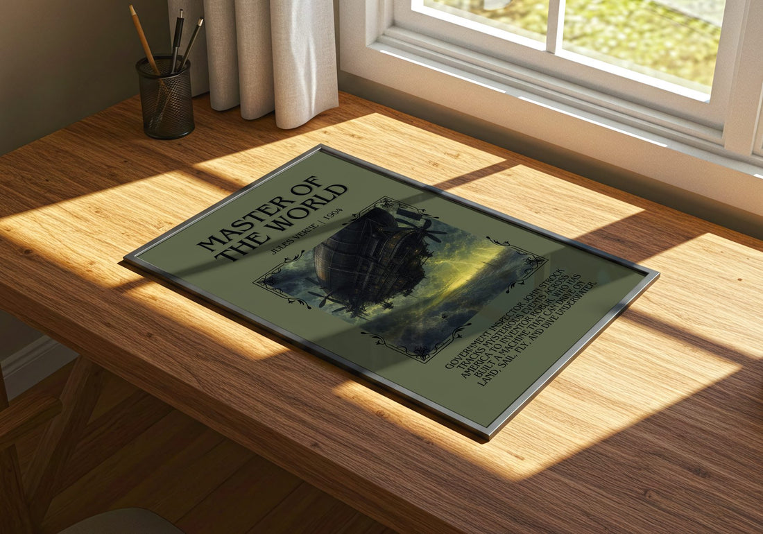 Master Of The World Minimalist Book Poster by Jules Verne – print on a sunlit desk