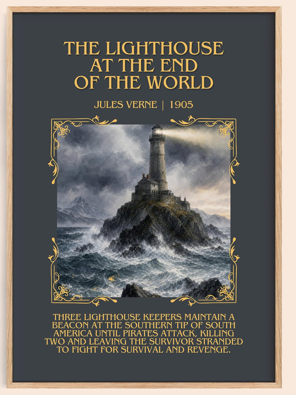 Lighthouse At The End Of The World Minimalist Book Poster by J. Verne – book poster