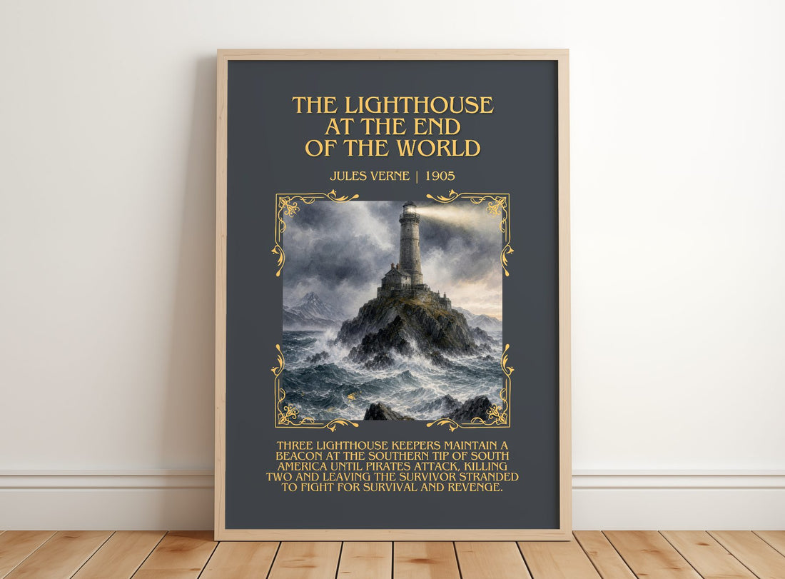 Lighthouse At The End Of The World Minimalist Book Poster by J. Verne – framed print leaning on a wooden floor