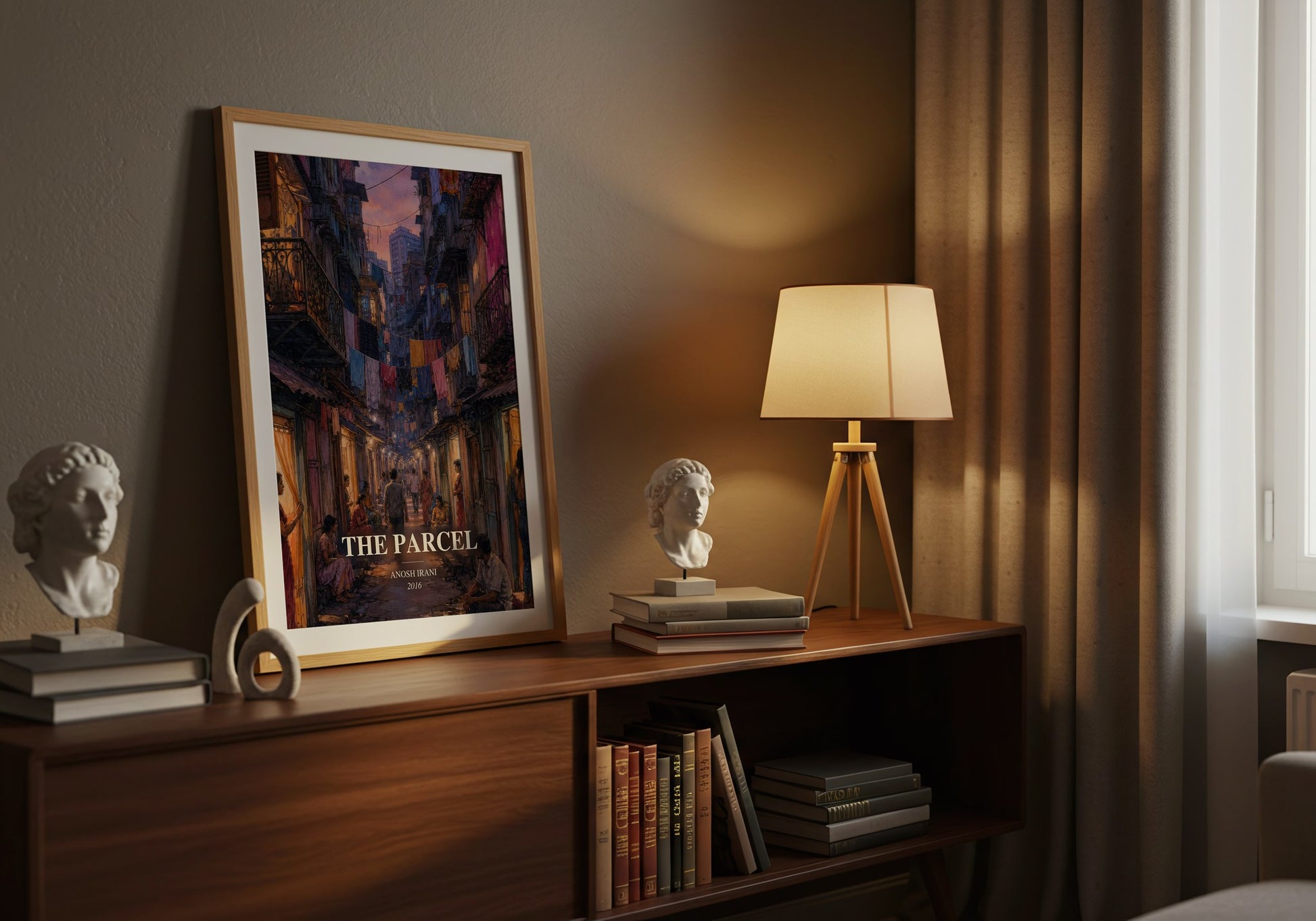 The Parcel watercolour print on bookshelf – Anosh Irani fan gift