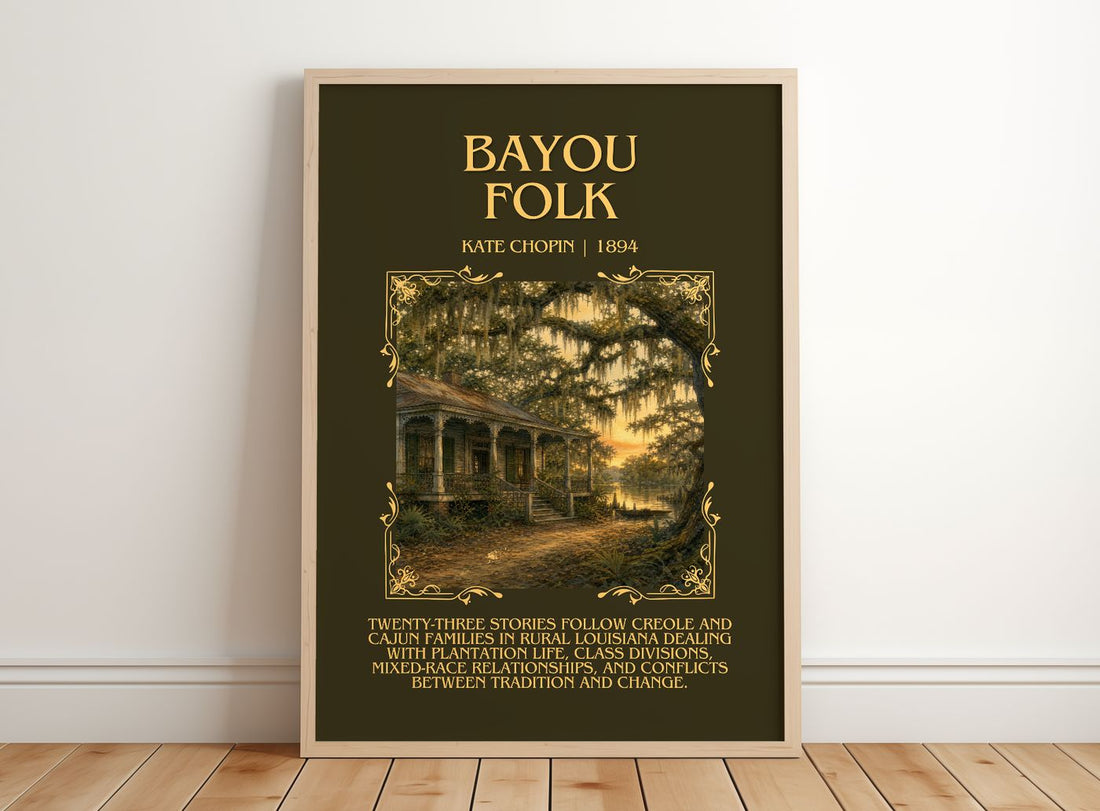 Bayou Folk Minimalist Book Poster by Kate Chopin – framed print leaning on a wooden floor