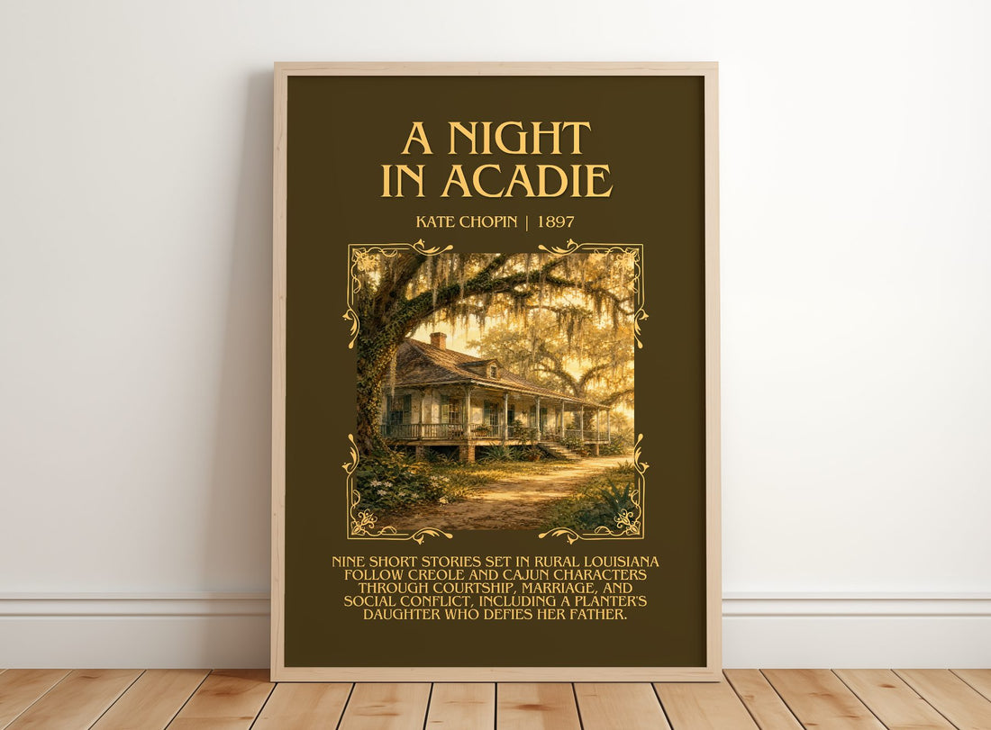 A Night In Acadie Minimalist Book Poster by Kate Chopin – framed print leaning on a wooden floor