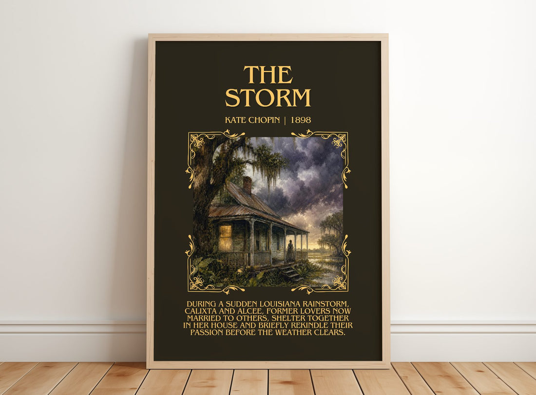 The Storm Minimalist Book Poster by Kate Chopin – framed print leaning on a wooden floor
