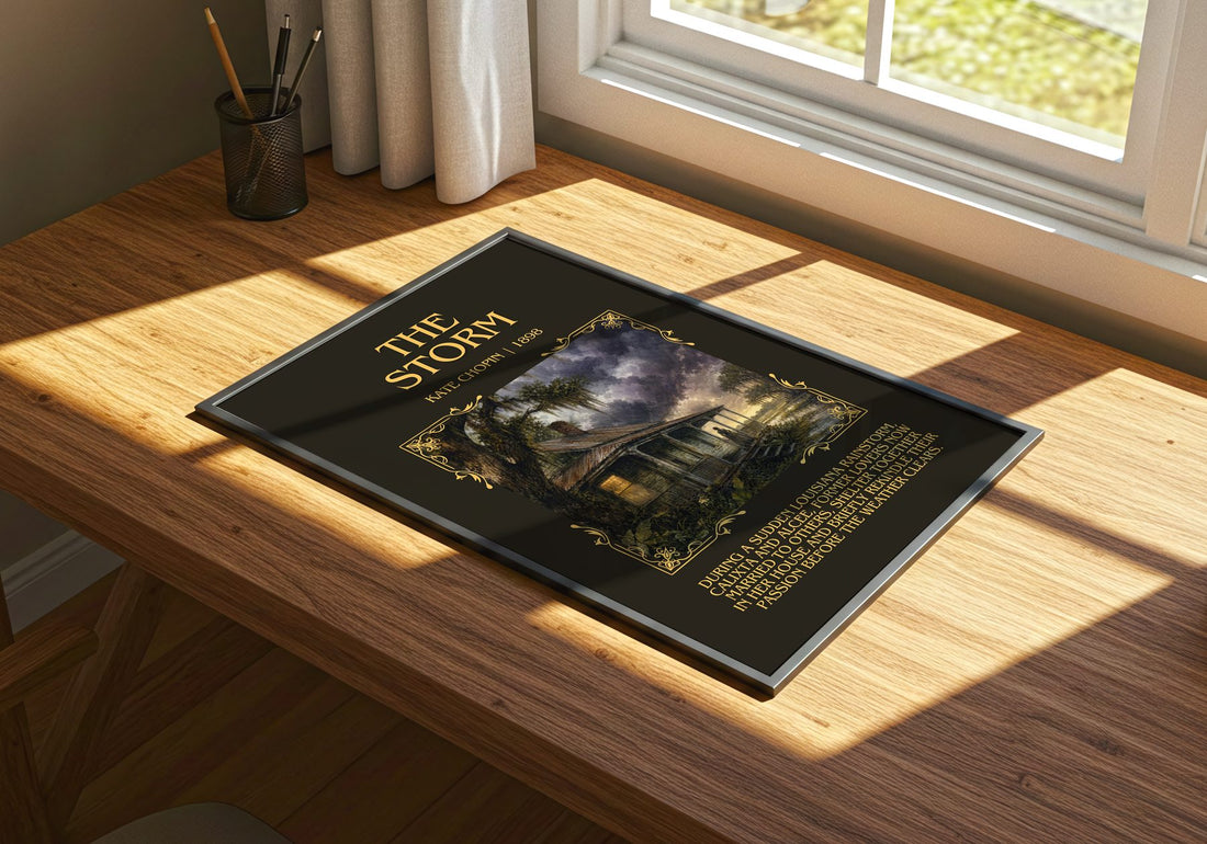 The Storm Minimalist Book Poster by Kate Chopin – print on a sunlit desk