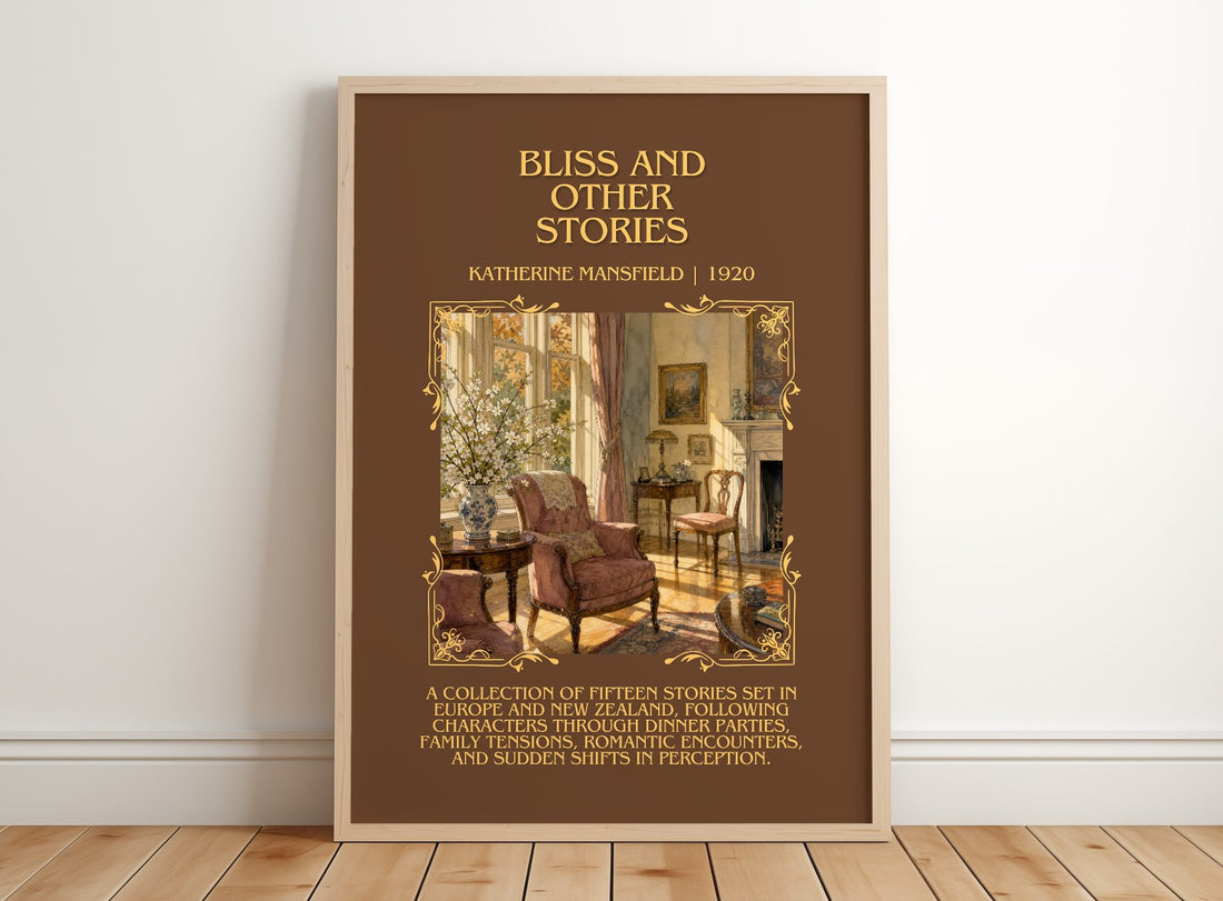 Bliss And Other Stories Minimalist Book Poster by Katherine Mansfield – framed print leaning on a wooden floor