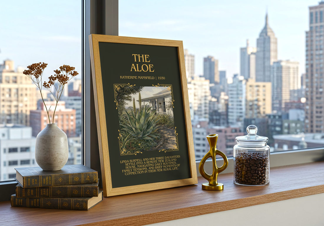 The Aloe Minimalist Book Poster by Katherine Mansfield – framed print on a city-view windowsill