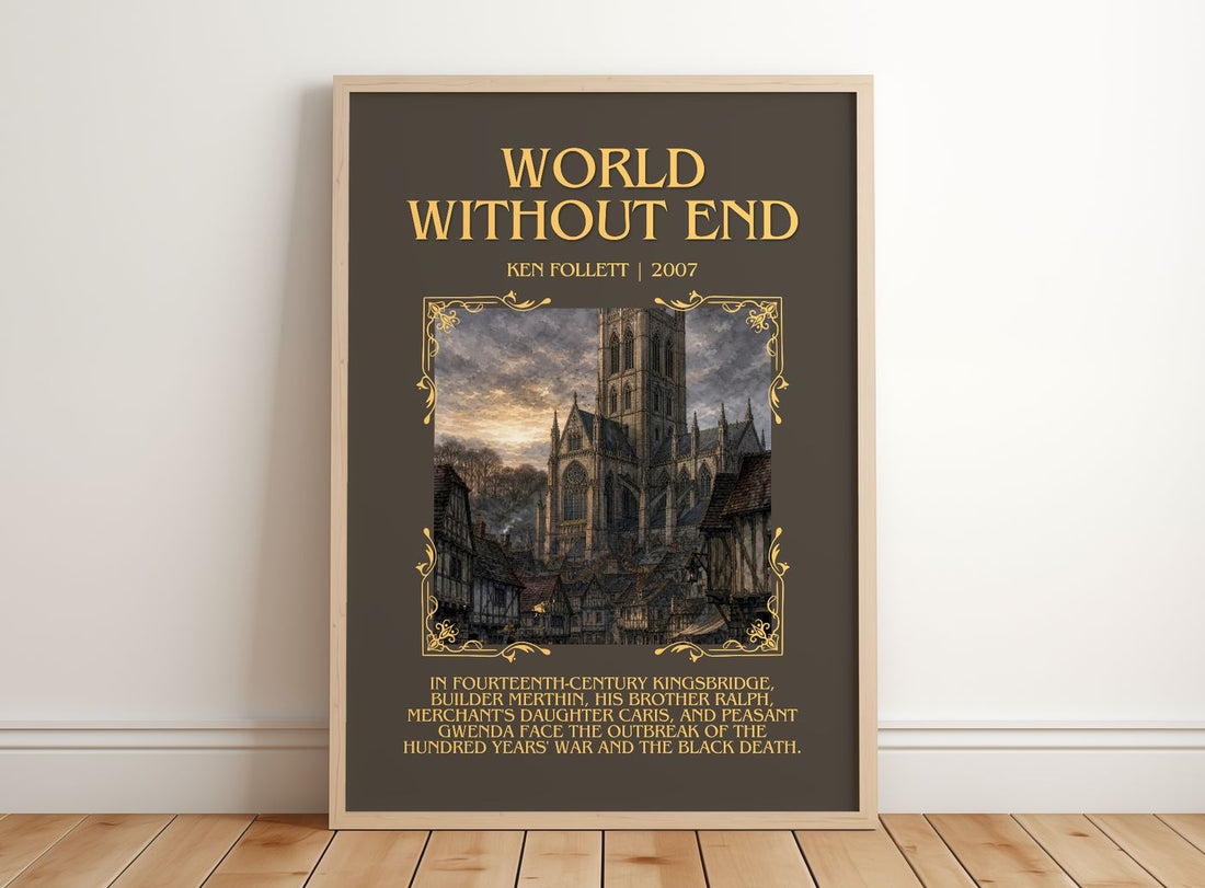 World Without End Minimalist Book Poster by Ken Follett – framed print leaning on a wooden floor