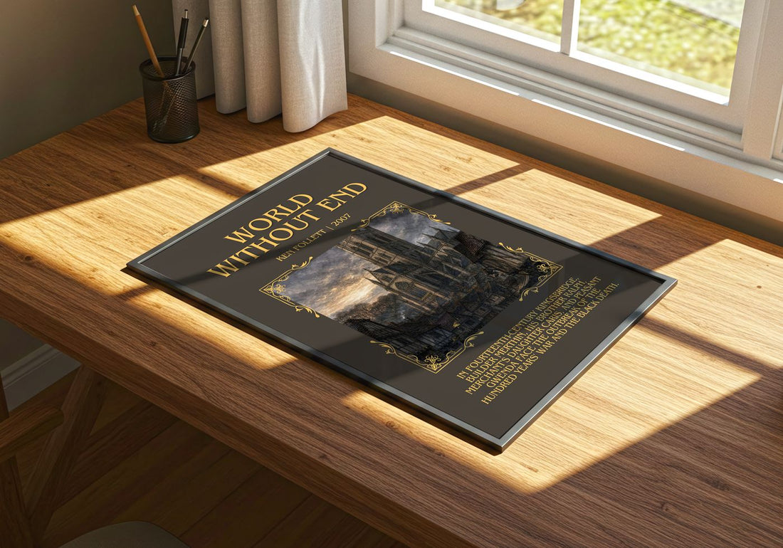World Without End Minimalist Book Poster by Ken Follett – print on a sunlit desk