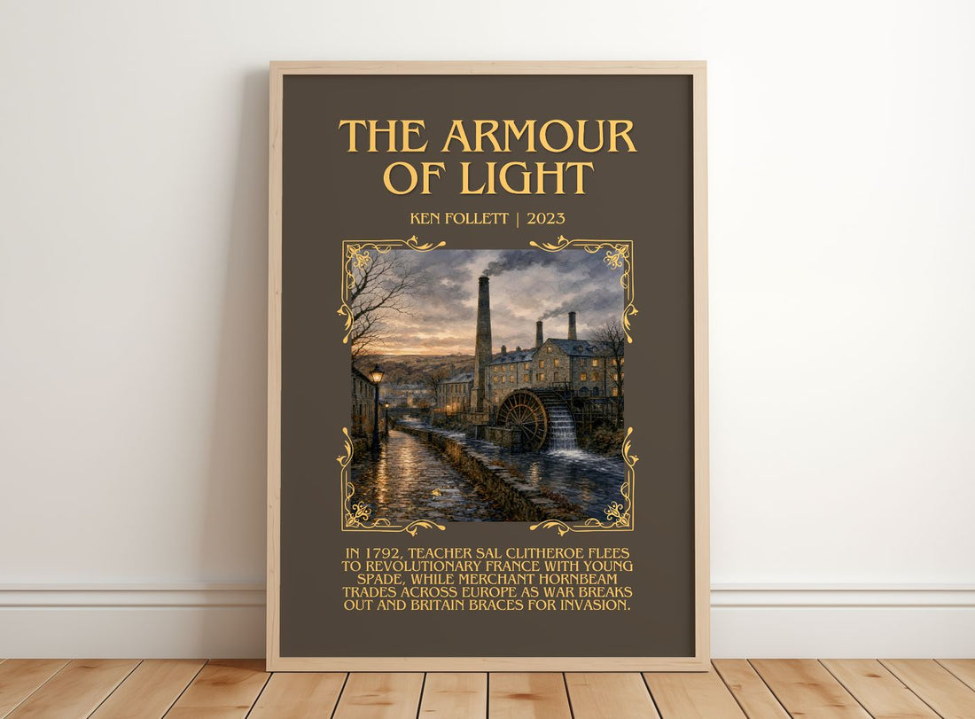 The Armour Of Light Minimalist Book Poster by Ken Follett – framed print leaning on a wooden floor