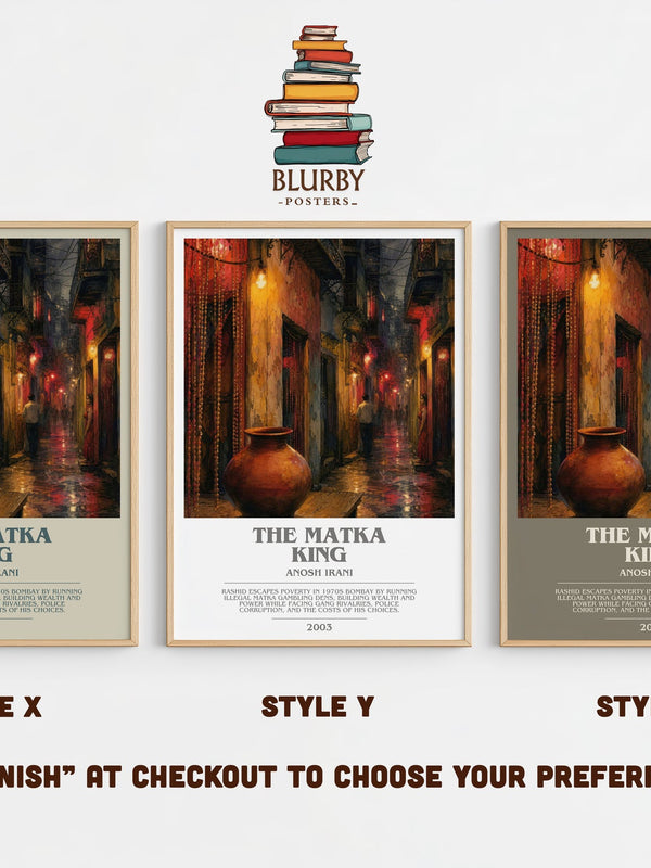The Matka King bookish print in frame leaning in hallway – literary fiction wall art