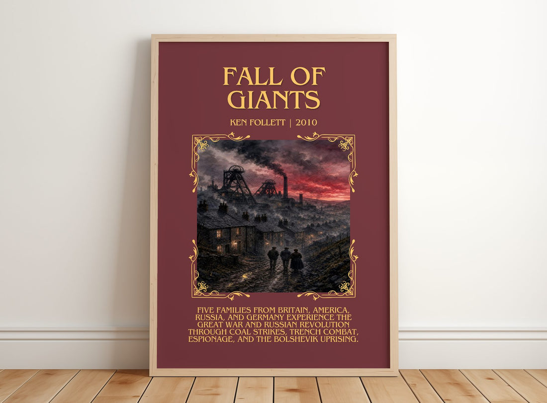 Fall Of Giants Minimalist Book Poster by Ken Follett – framed print leaning on a wooden floor