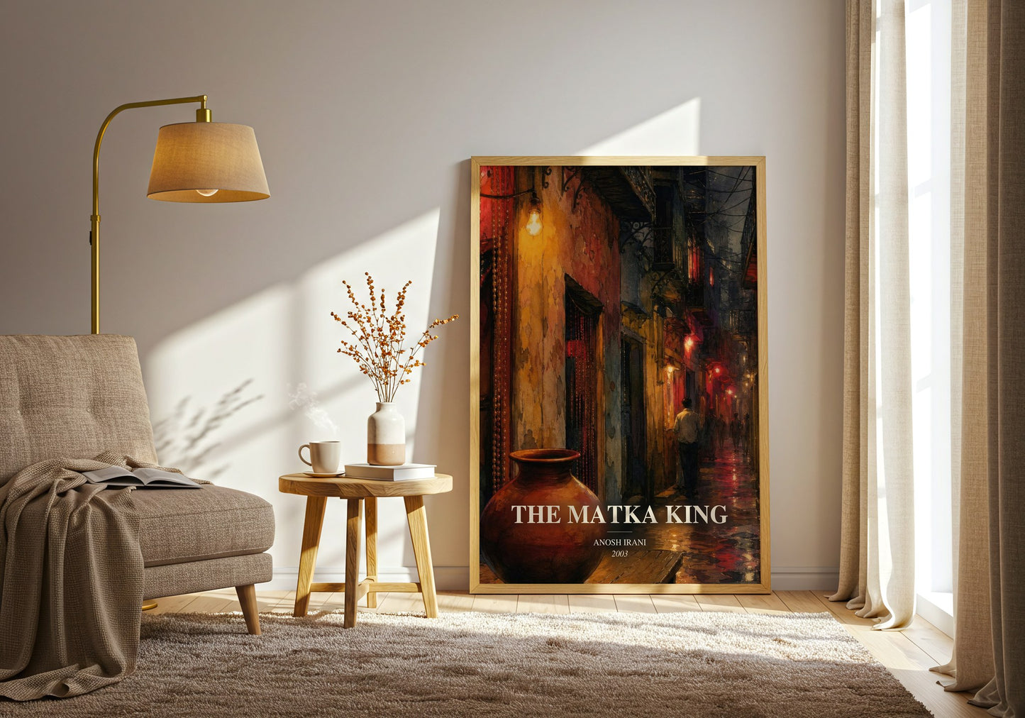 The Matka King watercolour print in frame leaning in hallway – literary fiction wall art