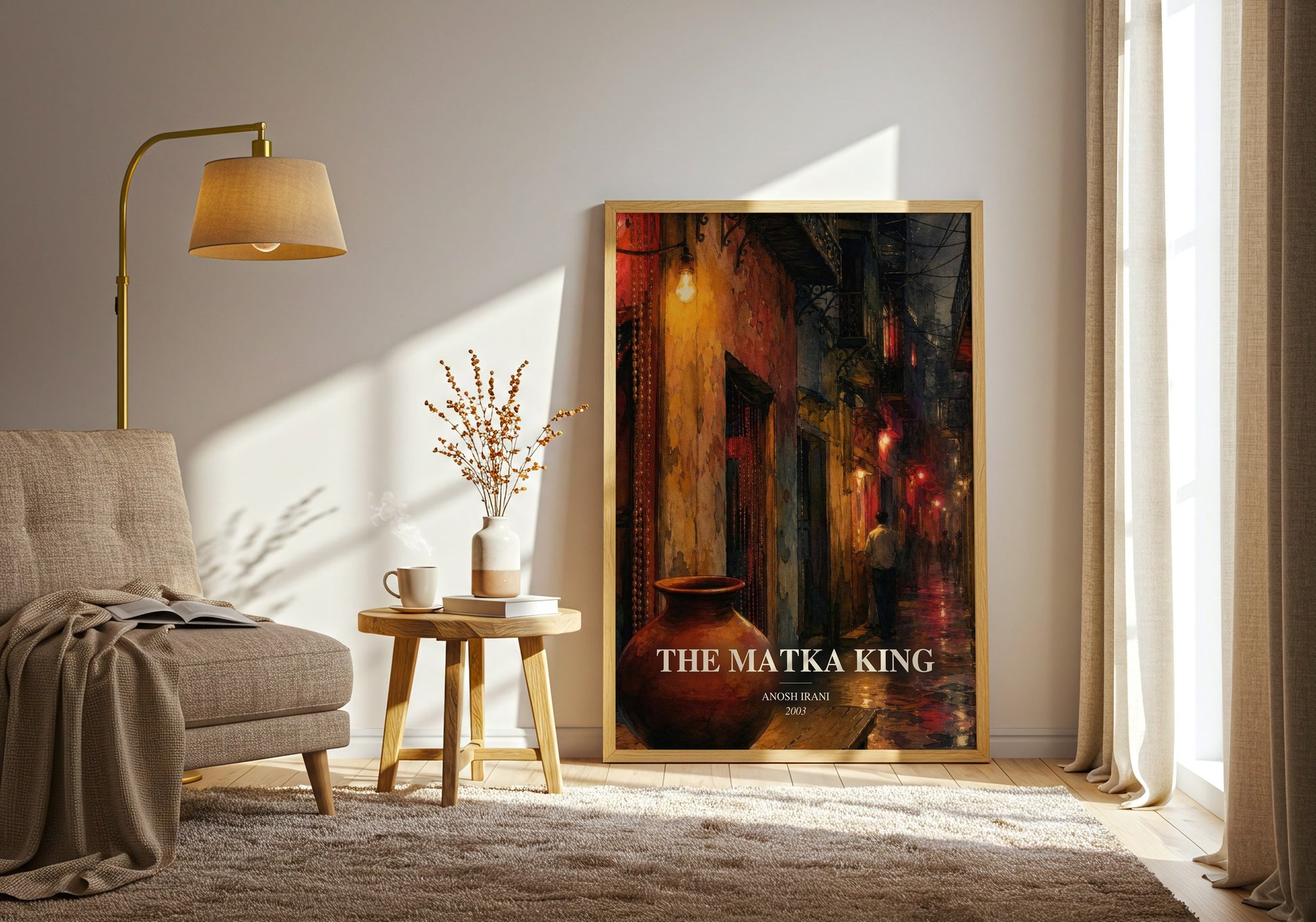 The Matka King watercolour print in frame leaning in hallway – literary fiction wall art