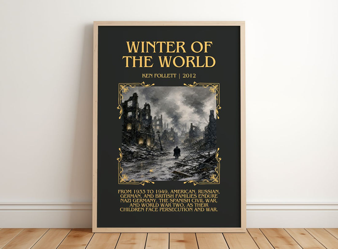 Winter Of The World Minimalist Book Poster by Ken Follett – framed print leaning on a wooden floor