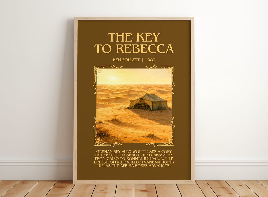 The Key To Rebecca Minimalist Book Poster by Ken Follett – framed print leaning on a wooden floor