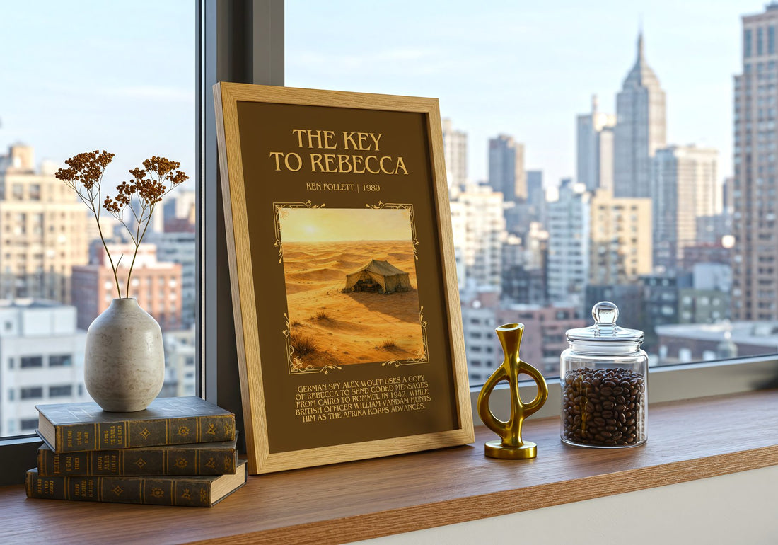 The Key To Rebecca Minimalist Book Poster by Ken Follett – framed print on a city-view windowsill
