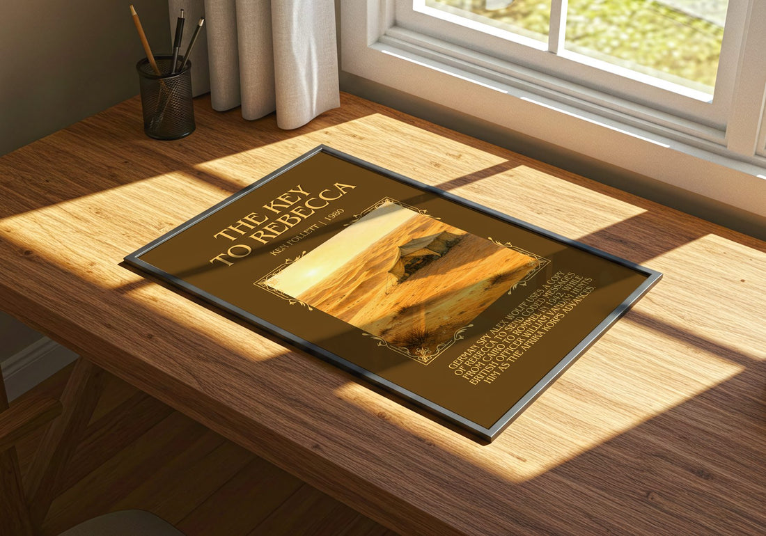 The Key To Rebecca Minimalist Book Poster by Ken Follett – print on a sunlit desk