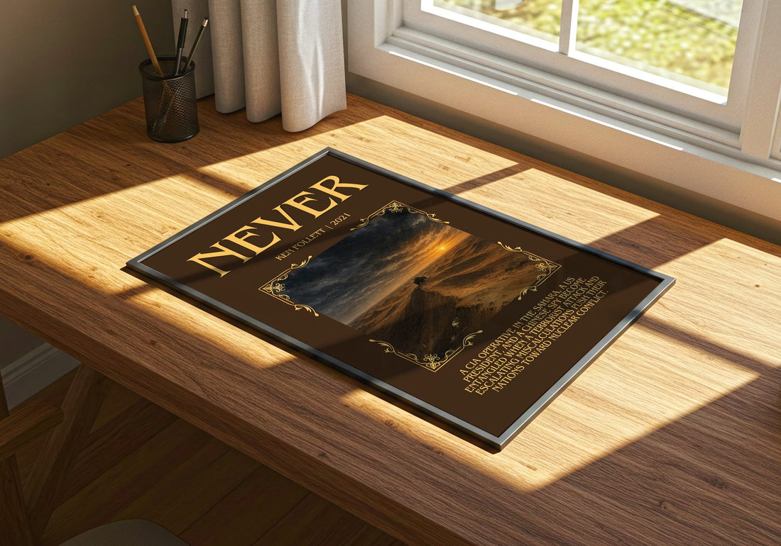 Never Minimalist Book Poster by Ken Follett – print on a sunlit desk