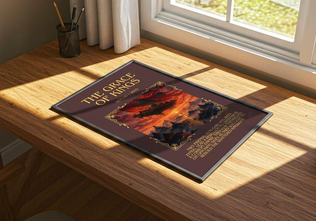 The Grace Of Kings Minimalist Book Poster by Ken Liu – print on a sunlit desk