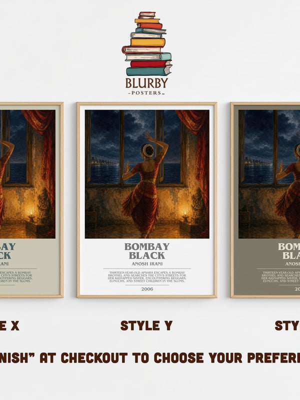 Bombay Black bookish print in frame leaning in hallway – literary fiction wall art