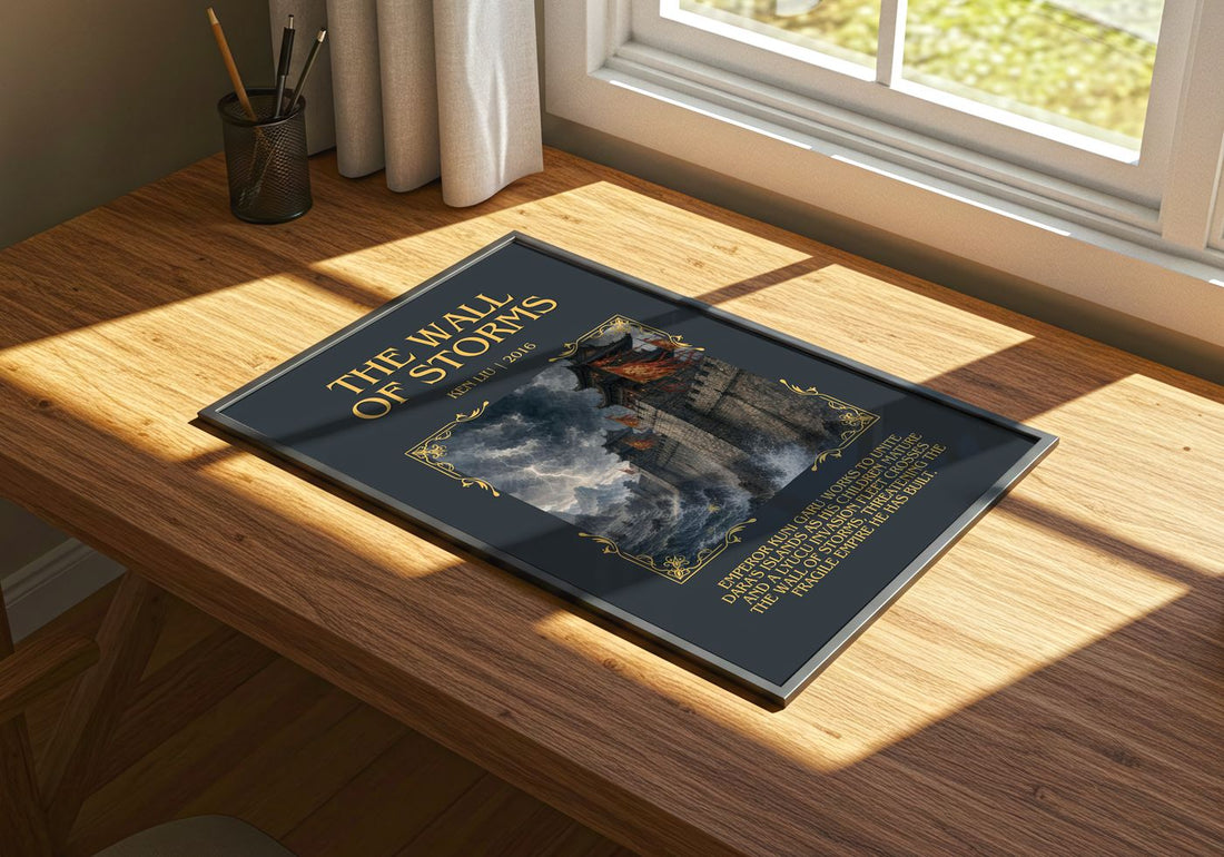 The Wall Of Storms Minimalist Book Poster by Ken Liu – print on a sunlit desk