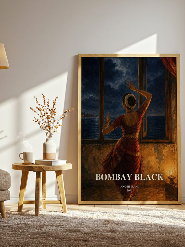 Bombay Black watercolour print in frame leaning in hallway – literary fiction wall art