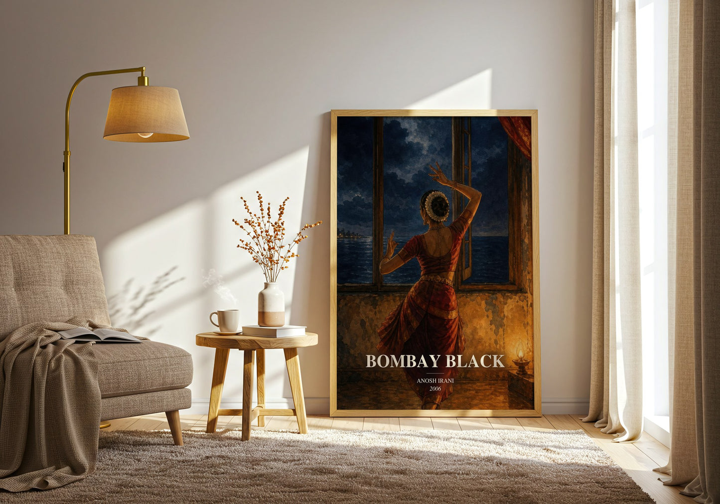 Bombay Black watercolour print in frame leaning in hallway – literary fiction wall art