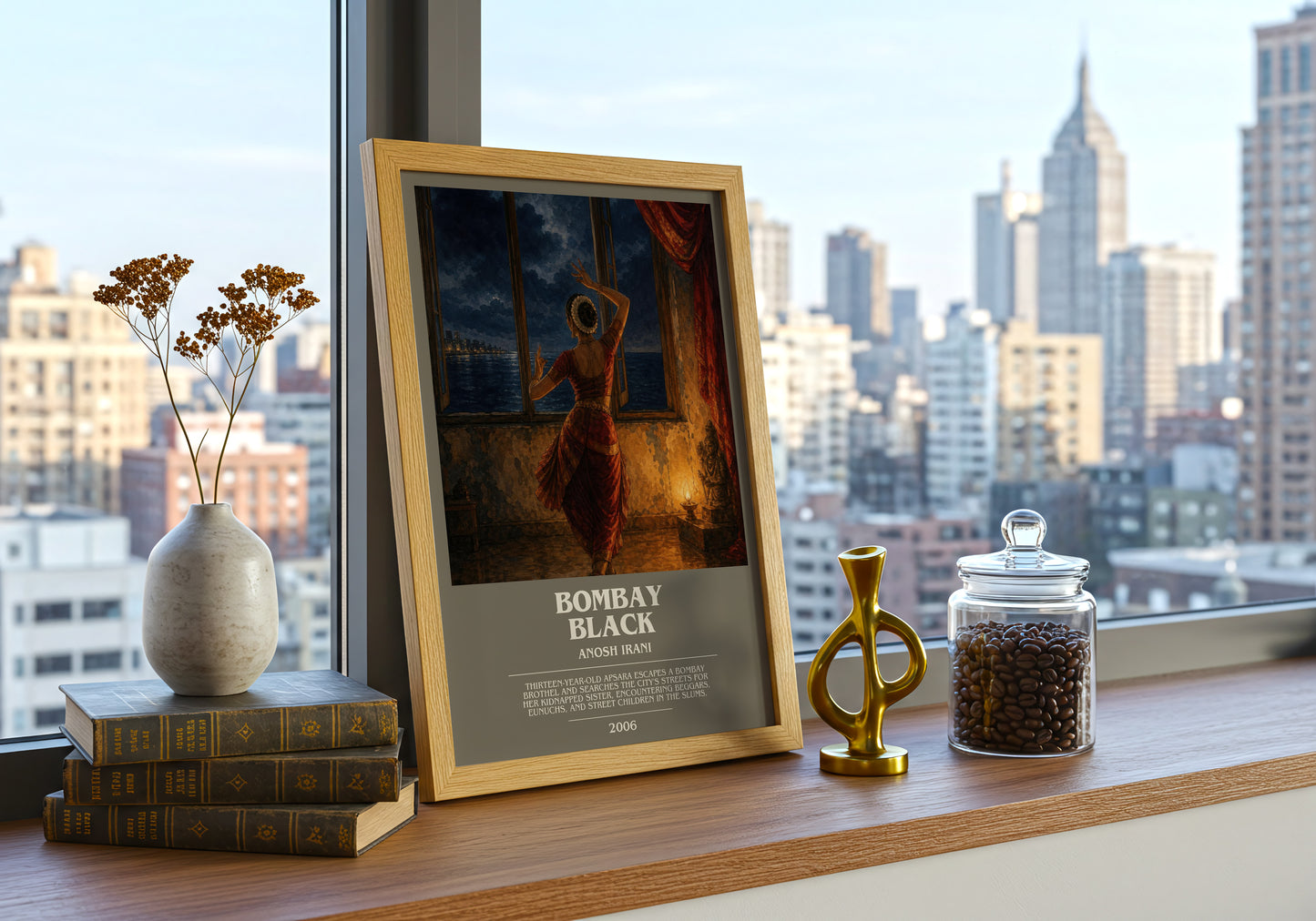 Bombay Black bookish print framed by window – literary home decor