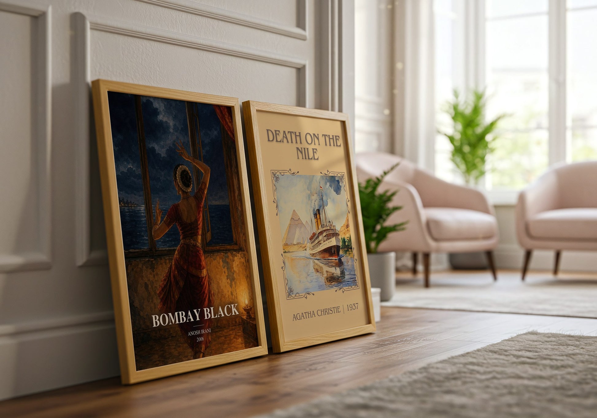 Bombay Black watercolour print framed by window – literary home decor