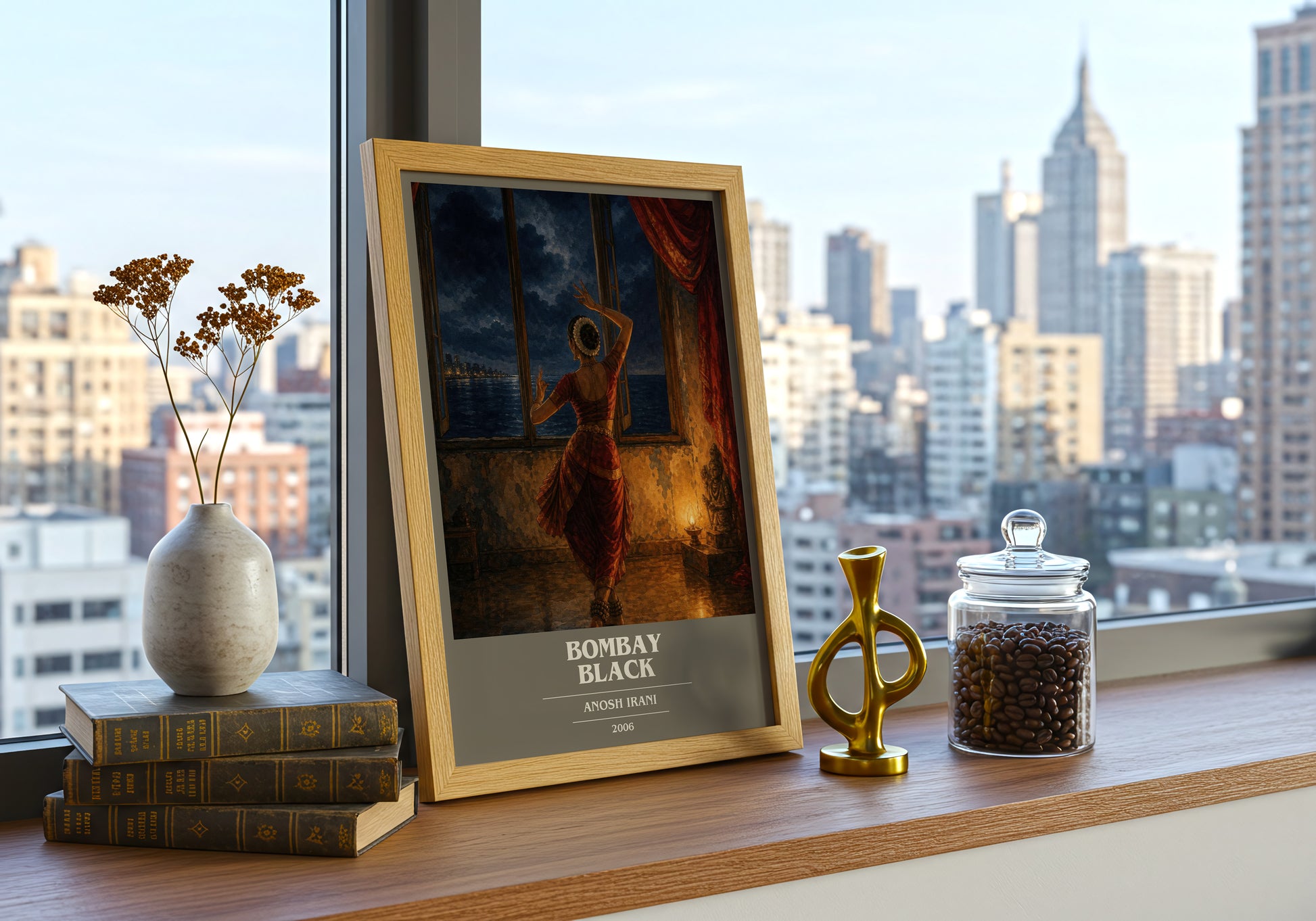 Bombay Black book cover print framed by window – literary home decor