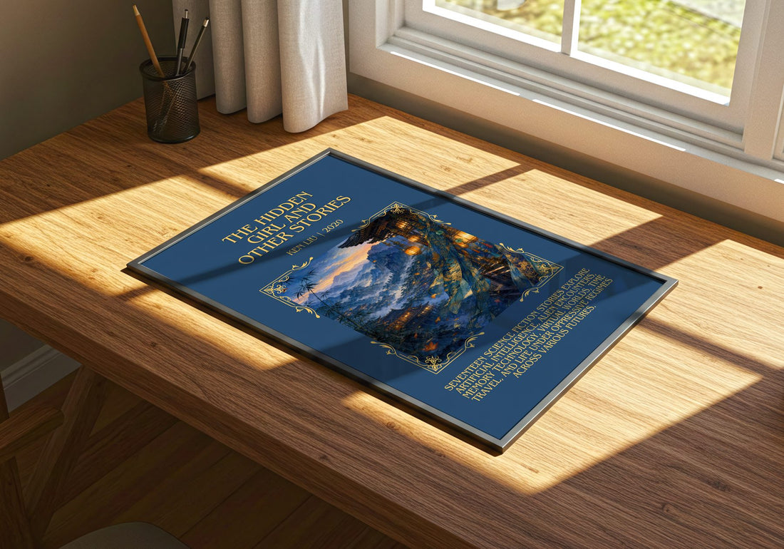 The Hidden Girl And Other Stories Minimalist Book Poster by Ken Liu – print on a sunlit desk