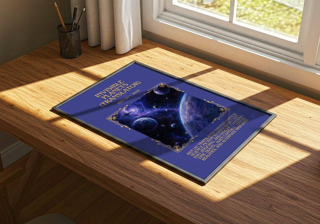 Invisible Planets (Translator) Minimalist Book Poster by Ken Liu – print on a sunlit desk