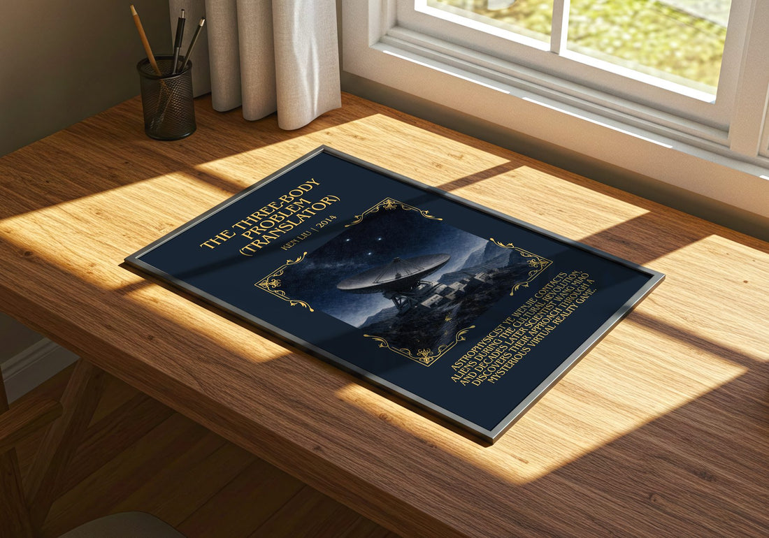 The Three-Body Problem (Translator) Minimalist Book Poster by Ken Liu – print on a sunlit desk
