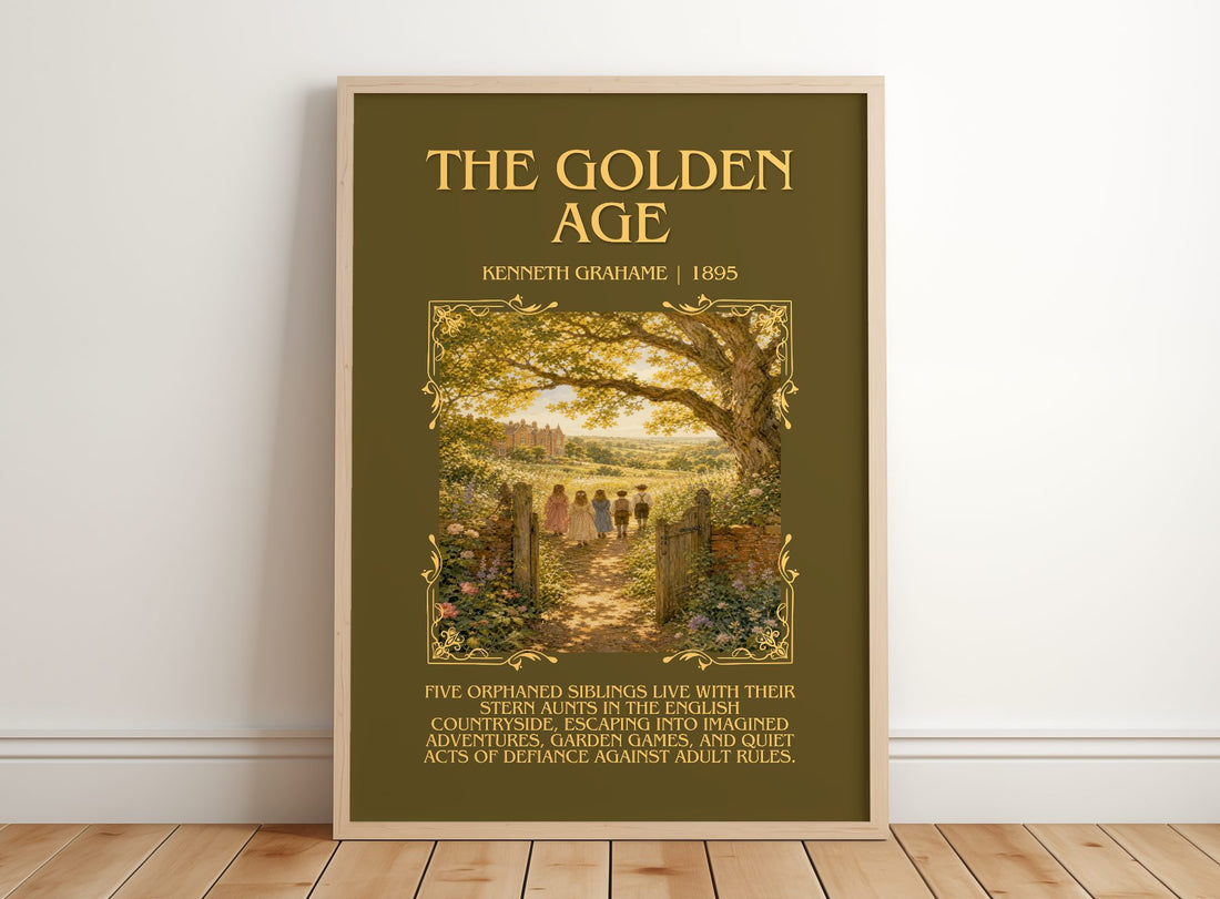 The Golden Age Minimalist Book Poster by Kenneth Grahame – framed print leaning on a wooden floor