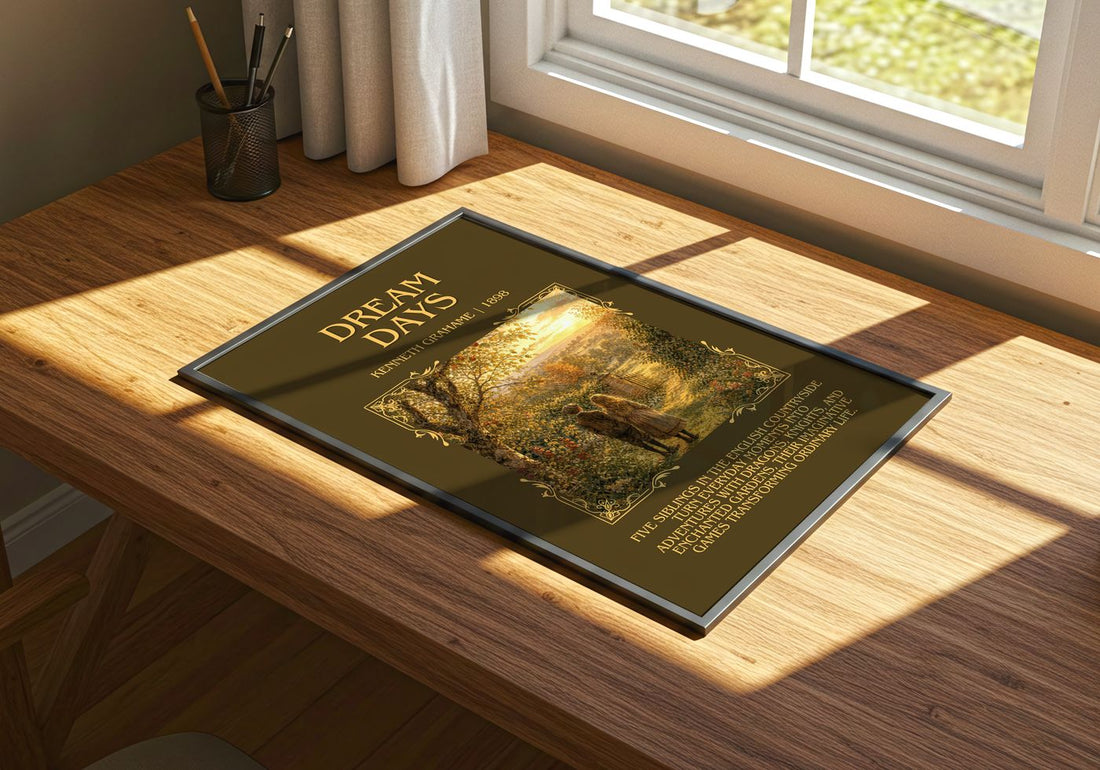 Dream Days Minimalist Book Poster by Kenneth Grahame – print on a sunlit desk