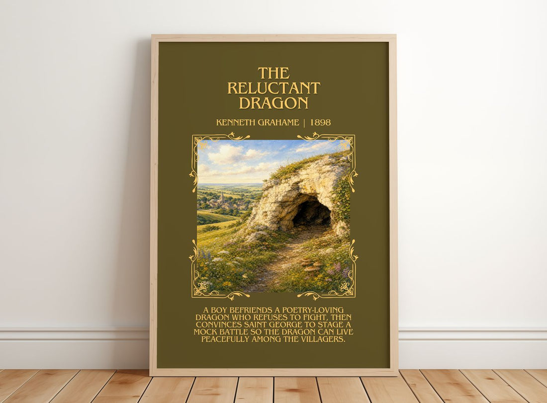 The Reluctant Dragon Minimalist Book Poster by Kenneth Grahame – framed print leaning on a wooden floor