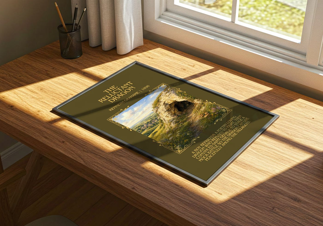 The Reluctant Dragon Minimalist Book Poster by Kenneth Grahame – print on a sunlit desk