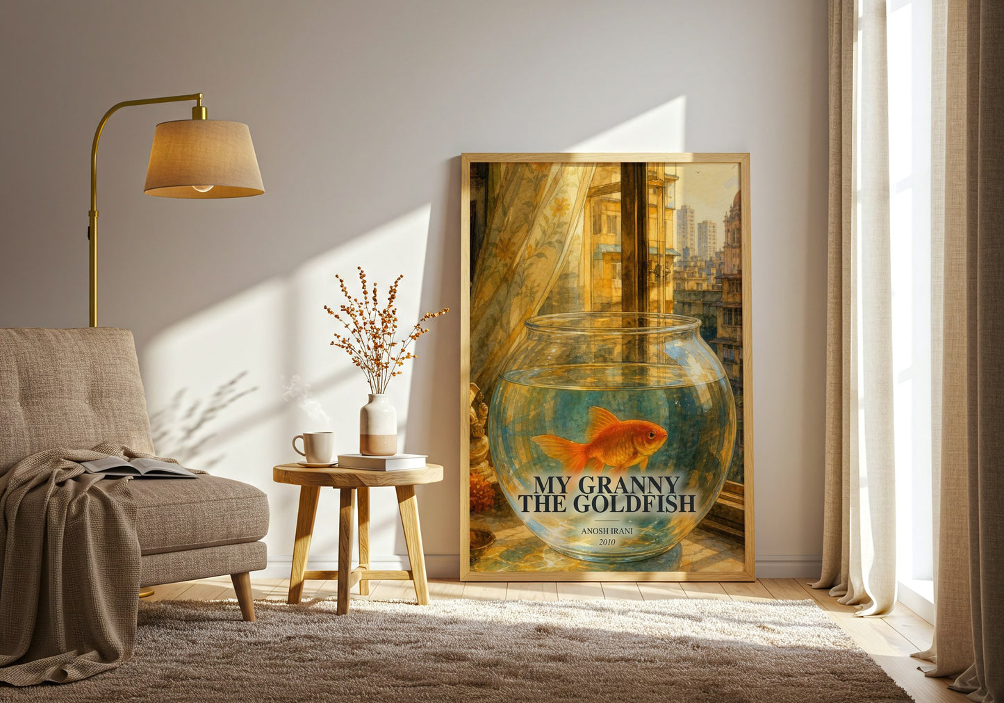 My Granny The Goldfish watercolour print in frame leaning in hallway – contemporary fiction wall art