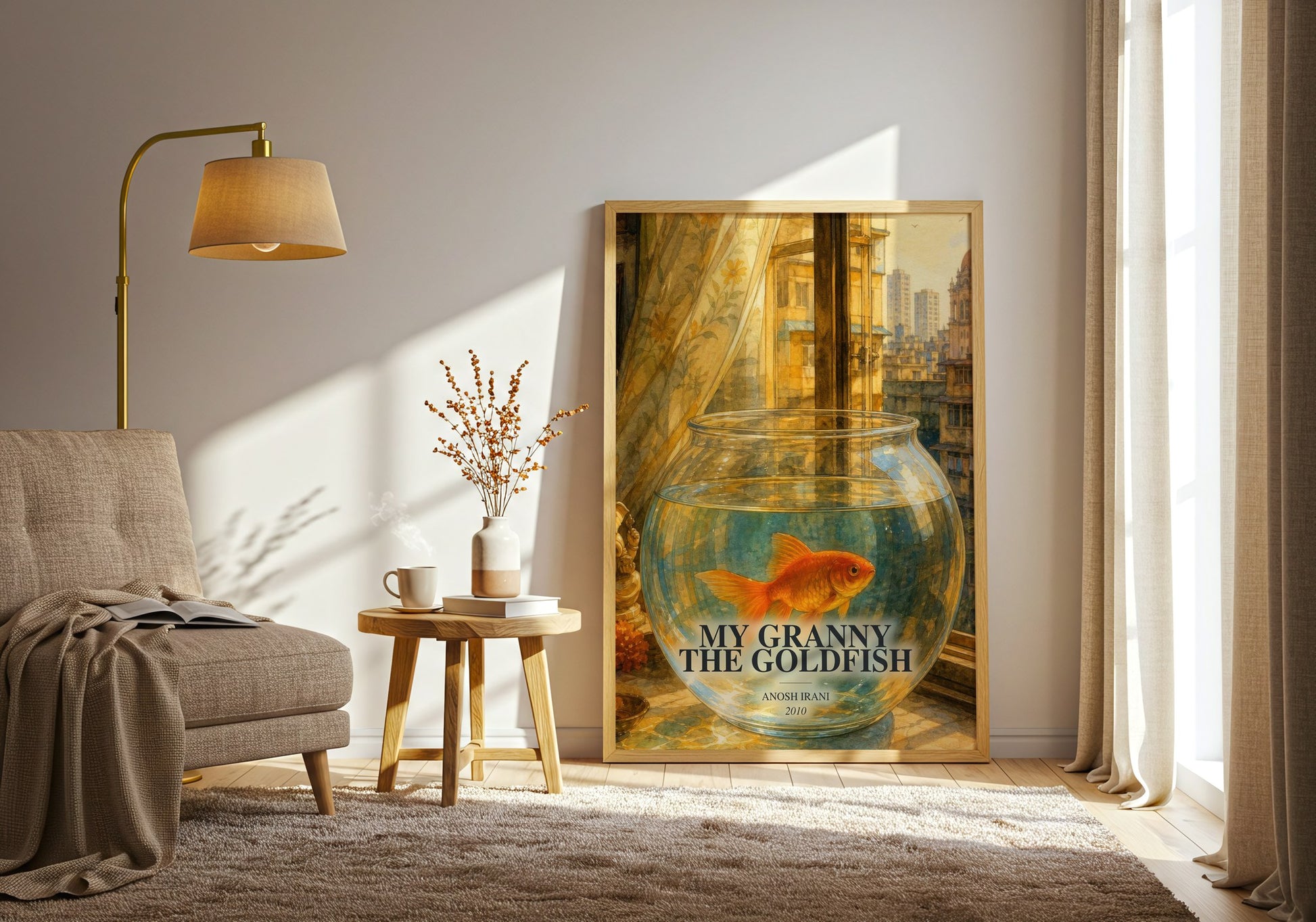 My Granny The Goldfish watercolour print in frame leaning in hallway – contemporary fiction wall art