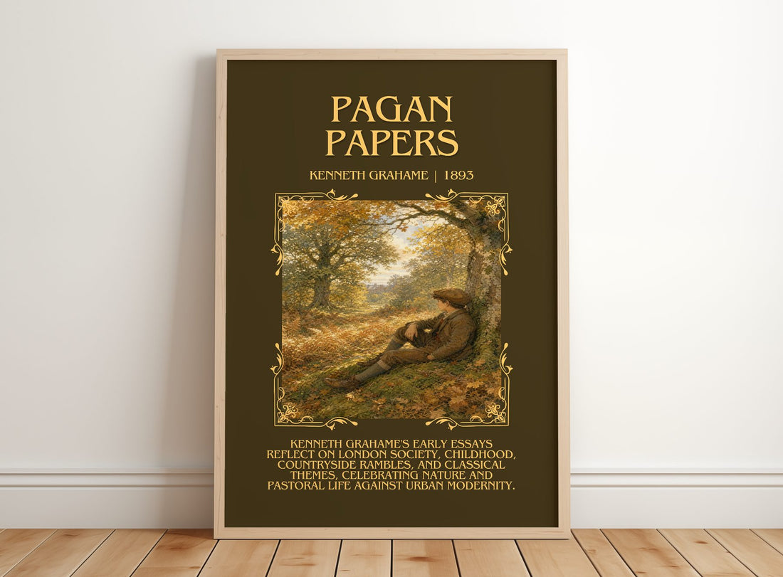 Pagan Papers Minimalist Book Poster by Kenneth Grahame – framed print leaning on a wooden floor
