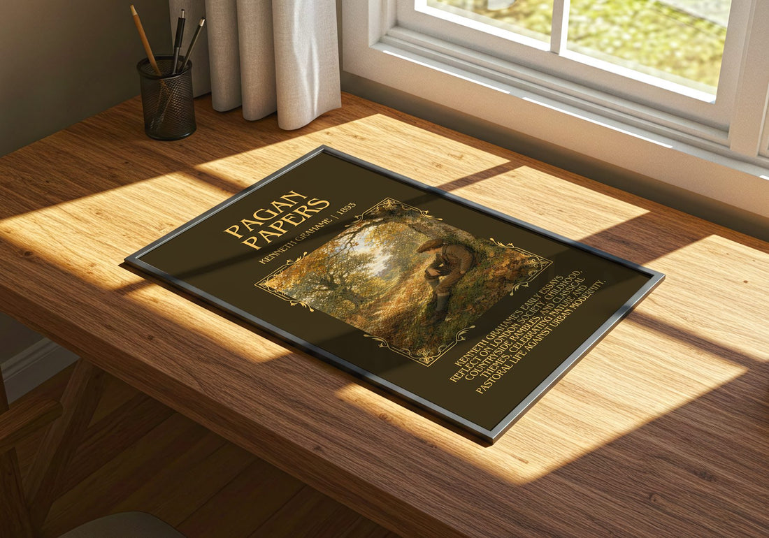 Pagan Papers Minimalist Book Poster by Kenneth Grahame – print on a sunlit desk