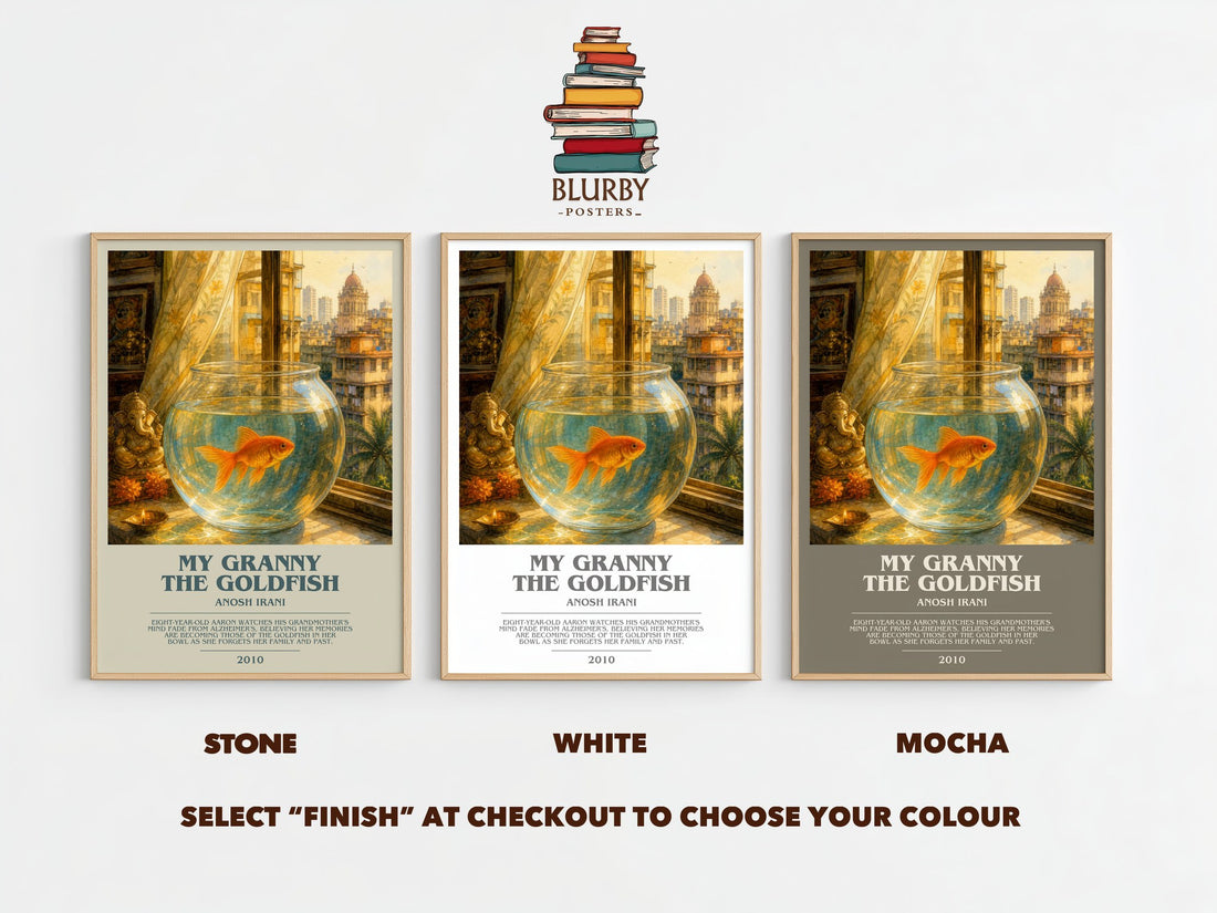 My Granny The Goldfish bookish print framed by window – Stone, White and Mocha side by side – choose your colour