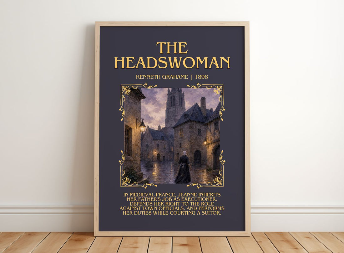 The Headswoman Minimalist Book Poster by Kenneth Grahame – framed print leaning on a wooden floor